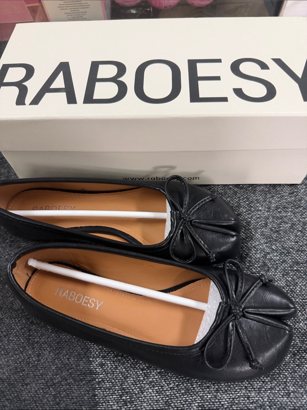 RABOESY Black Leather Bow Ballet Flats